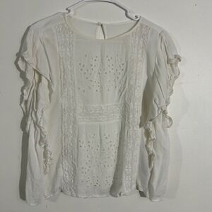 American Eagle White Lace Embroidery Ruffle Sleeve Blouse Top Size L
